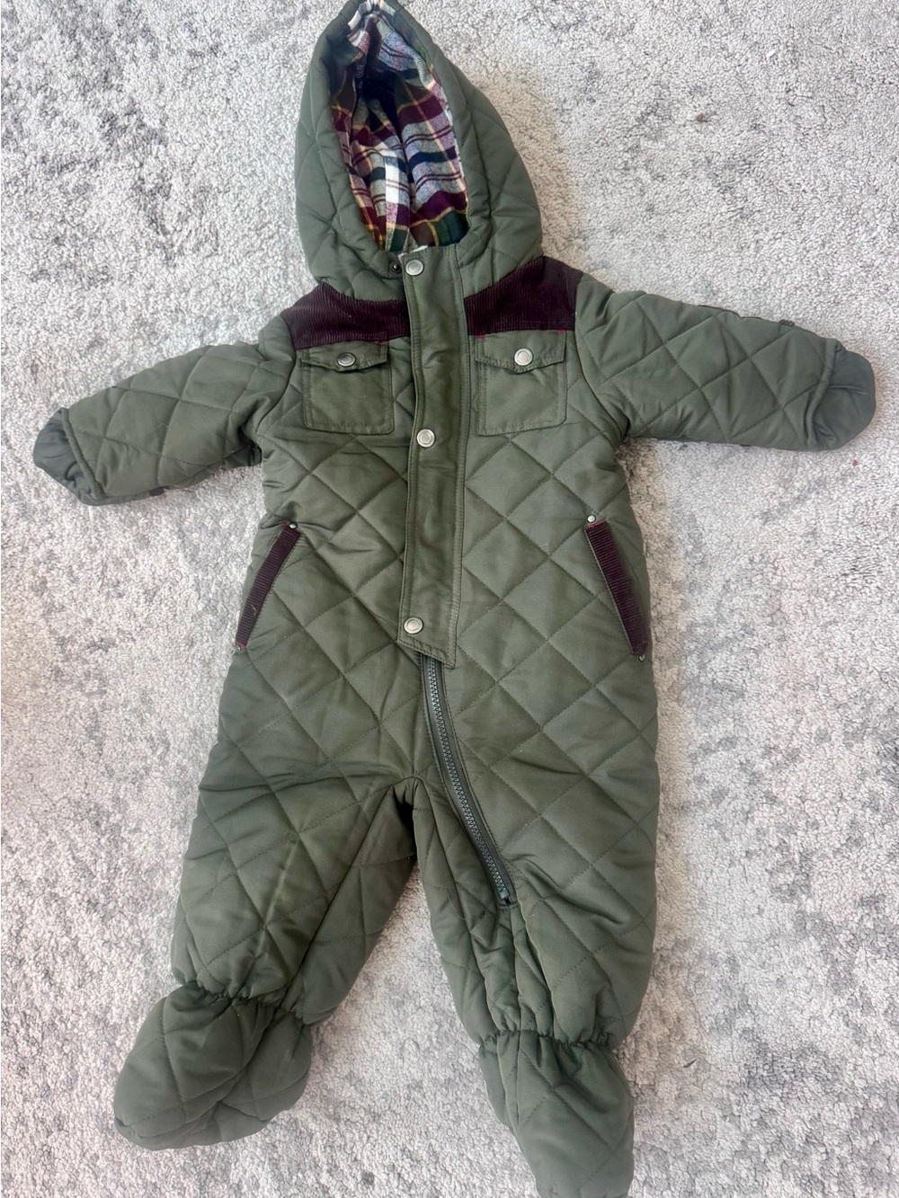 S Rothschild Baby Quilted Snowsuit Bunting Olive Plaid 12M
